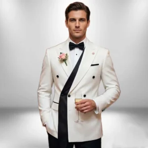 Double Breasted White Wedding Suits for Men Fashion Slim Fit Groom Best Man Wedding Tuxedo Formal Prom Wear