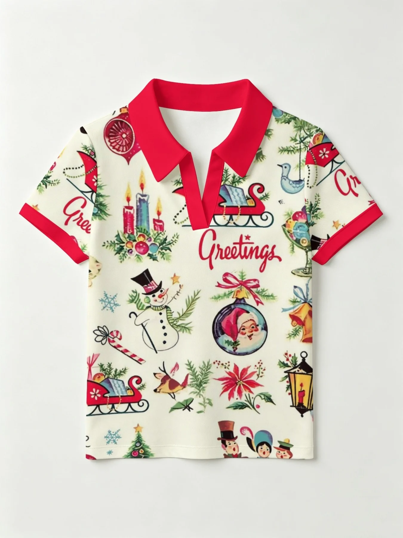 Women'S Vintage Christmas Print Polo Shirt, White Red V-Neck Short Sleeve Collared Casual Holiday Tee For Ladies Women'S Vintage Christmas Print Polo Shirt, White Red V-Neck Short Sleeve Collared Casual Holiday Tee For Ladies - Image 7