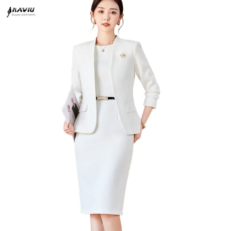 Naviu Damen-Anzug 2-Teilig Weiß, Langärmlig, Slim Fit, Einfarbig, Business-Outfit Naviu Damen-Anzug 2-Teilig Weiß, Langärmlig, Slim Fit, Einfarbig, Business-Outfit