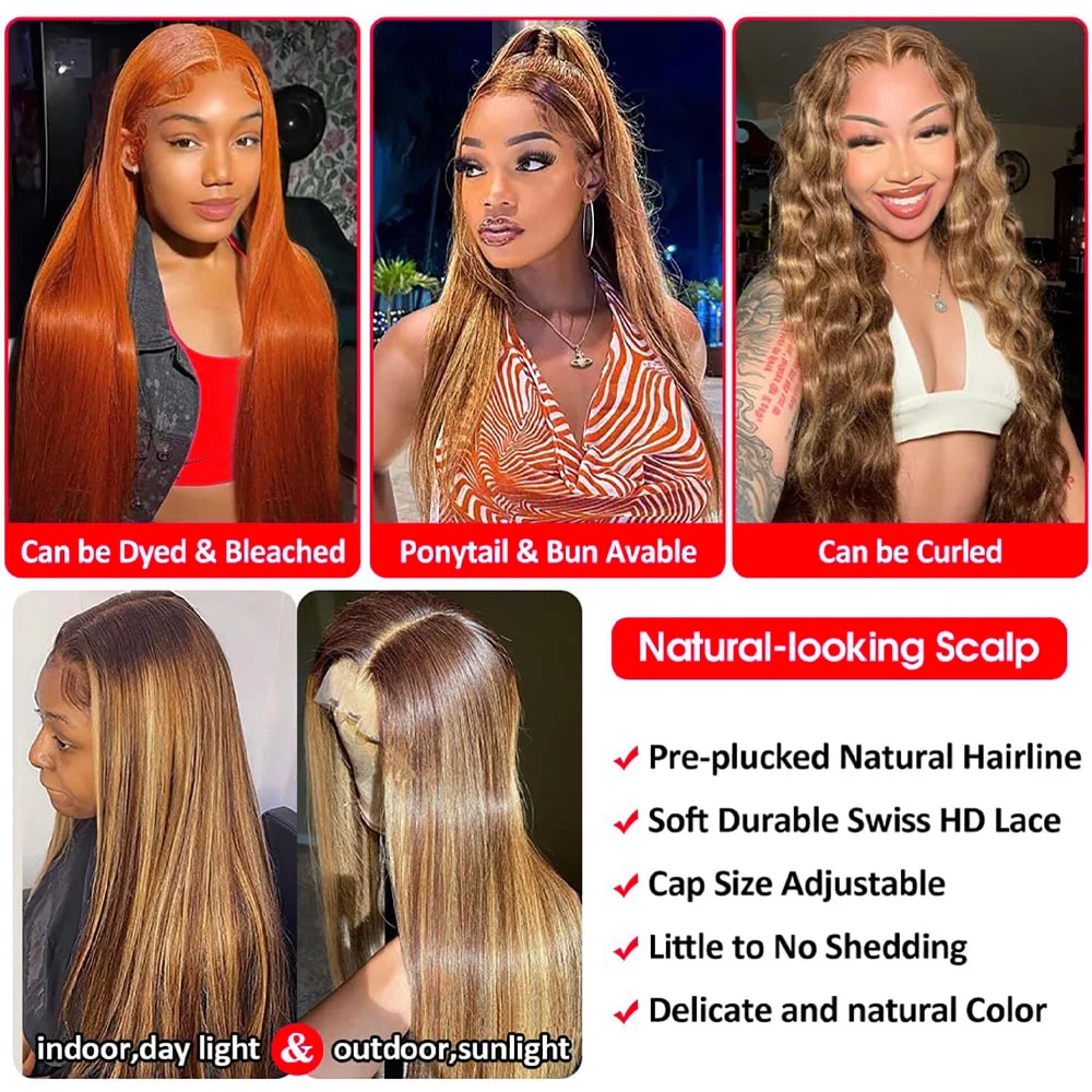 P4/27 200 Density Glatte Echthaarperücken Für Damen Im Angebot Highlight 13X4 Hd Lace Frontal Echthaarperücke 5X5 Hd Lace Closure Perücke P4/27 200 Density Glatte Echthaarperücken Für Damen Im Angebot Highlight 13X4 Hd Lace Frontal Echthaarperücke 5X5 Hd Lace Closure Perücke - Image 4