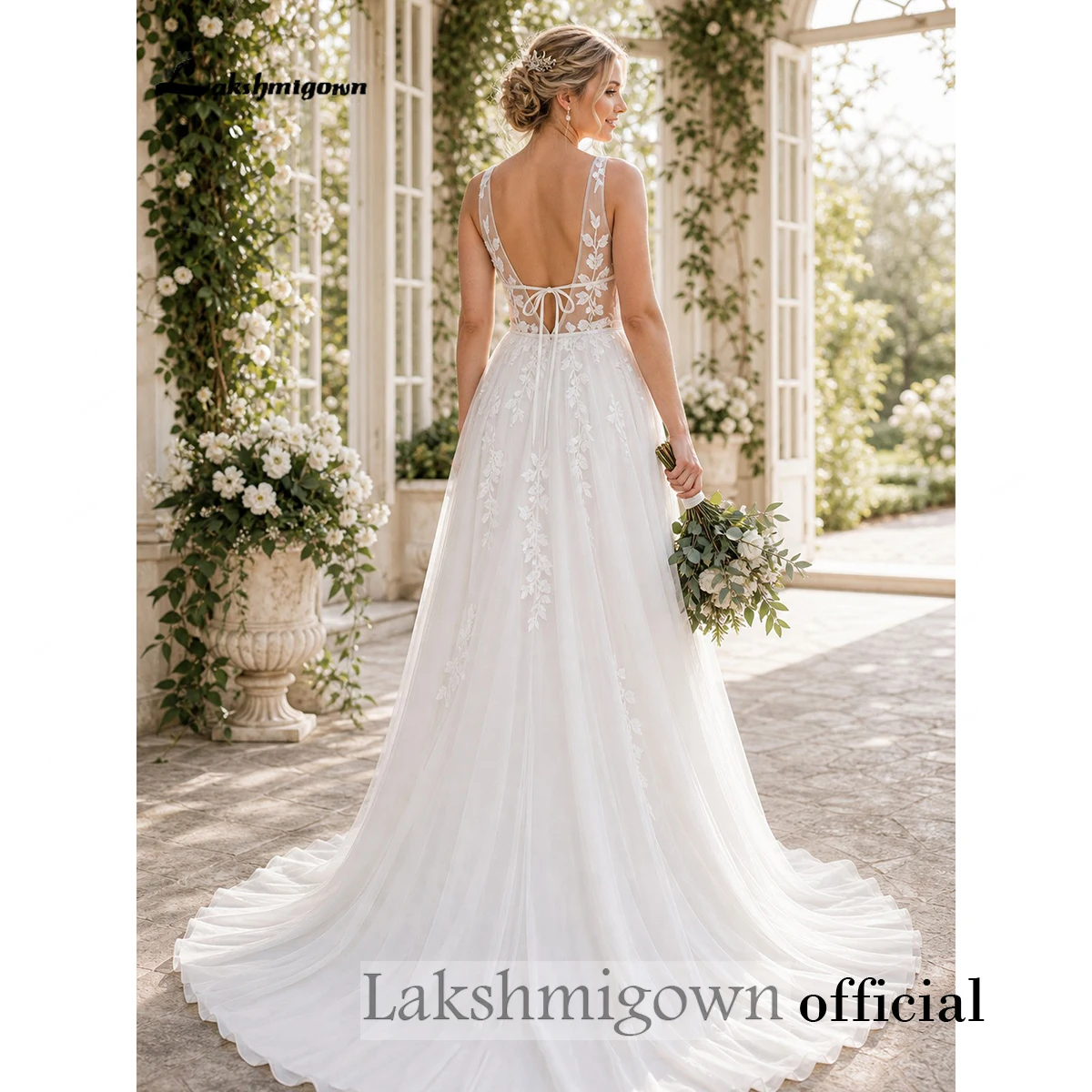 Lakshmigown Sexy Boho Country Tulle Illusion Wedding Dress Deep V‑Neck Sleeveless Lace Appliques Tulle Bridal Gown Customized Lakshmigown Sexy Boho Country Tulle Illusion Wedding Dress Deep V‑Neck Sleeveless Lace Appliques Tulle Bridal Gown Customized – Bild 2