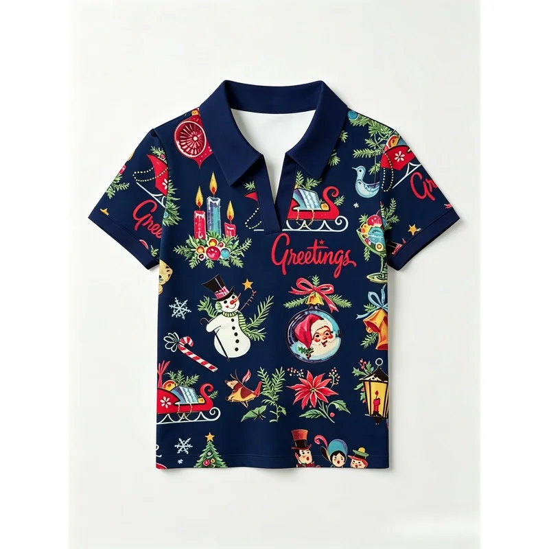 Women'S Vintage Christmas Print Polo Shirt, White Red V-Neck Short Sleeve Collared Casual Holiday Tee For Ladies Women'S Vintage Christmas Print Polo Shirt, White Red V-Neck Short Sleeve Collared Casual Holiday Tee For Ladies - Image 5