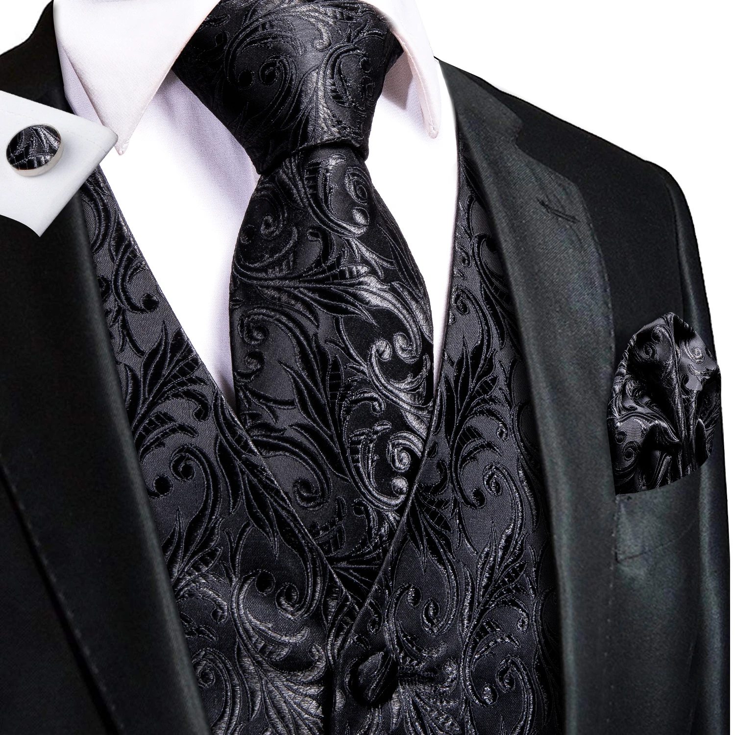 Herren Schwarzes Anzugwesten-Set Mit Krawatte, Einstecktuch Und Manschettenknöpfen - Jacquard Formelle Smoking-Weste Für Hochzeit, Business Und Partys Herren Schwarzes Anzugwesten-Set Mit Krawatte, Einstecktuch Und Manschettenknöpfen - Jacquard Formelle Smoking-Weste Für Hochzeit, Business Und Partys - Image 2