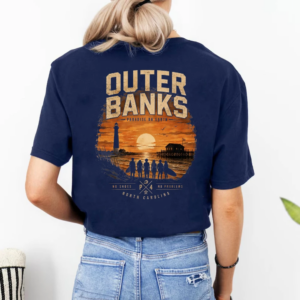 Outer Banks‑Inspired Cotton T‑Shirt Vintage Sunset Lighthouse Crew Silhouette Graphic  Black Tops TV Show Fan Casual Streetwear