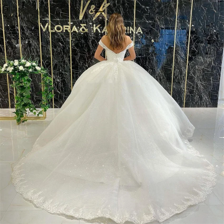 Customized Elegant Off The Shoulder Wedding Dress For Women Lace Applique Glitter Tulle Bridal Gown V Neck A-Line Robe De Mariée Customized Elegant Off The Shoulder Wedding Dress For Women Lace Applique Glitter Tulle Bridal Gown V Neck A-Line Robe De Mariée - Image 4