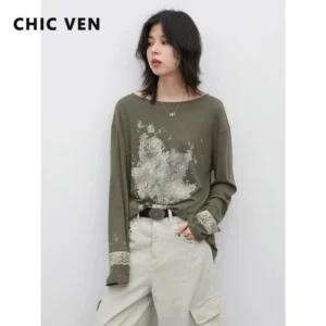 CHIC VEN Fashion Women's T-Shirts Long Sleeve Vintage Dyeing Flowers Slanted Shoulder Female Tees Pullover Spring Autumn 2026
