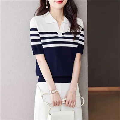 Damen Polo-Kragen T-Shirt Sommer Neu 100% Baumwolle Gestricktes Kurzarm-Freizeithemd Gestreiftes Damen-Pullover Mit Kragen Locker Geschnittenes Oberteil Damen Polo-Kragen T-Shirt Sommer Neu 100% Baumwolle Gestricktes Kurzarm-Freizeithemd Gestreiftes Damen-Pullover Mit Kragen Locker Geschnittenes Oberteil - Image 10