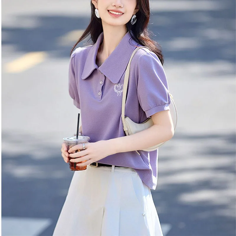 Modische Polohemden Mit Revers Und Stickerei, Puffärmel, Damenbekleidung, Sommer, Neu, Locker, Kurzarm, Freizeit-Tops, Koreanische T-Shirts Modische Polohemden Mit Revers Und Stickerei, Puffärmel, Damenbekleidung, Sommer, Neu, Locker, Kurzarm, Freizeit-Tops, Koreanische T-Shirts - Image 4