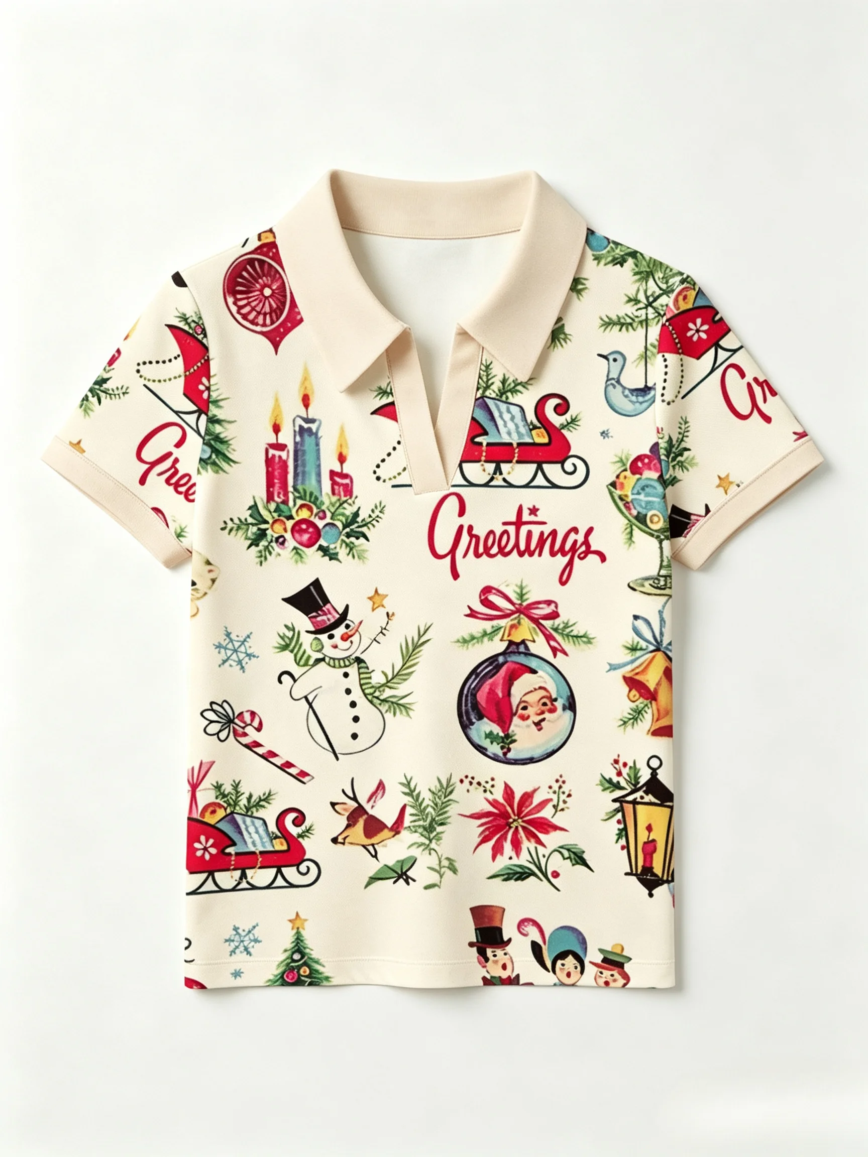 Women'S Vintage Christmas Print Polo Shirt, White Red V-Neck Short Sleeve Collared Casual Holiday Tee For Ladies Women'S Vintage Christmas Print Polo Shirt, White Red V-Neck Short Sleeve Collared Casual Holiday Tee For Ladies - Image 10
