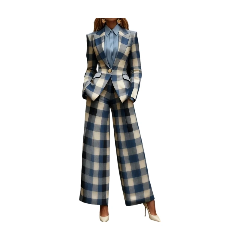 Damen Business-Anzug Kariert: Blazer Mit Einem Knopf Und Hochtaillierte Weite Hose Damen Business-Anzug Kariert: Blazer Mit Einem Knopf Und Hochtaillierte Weite Hose - Image 7