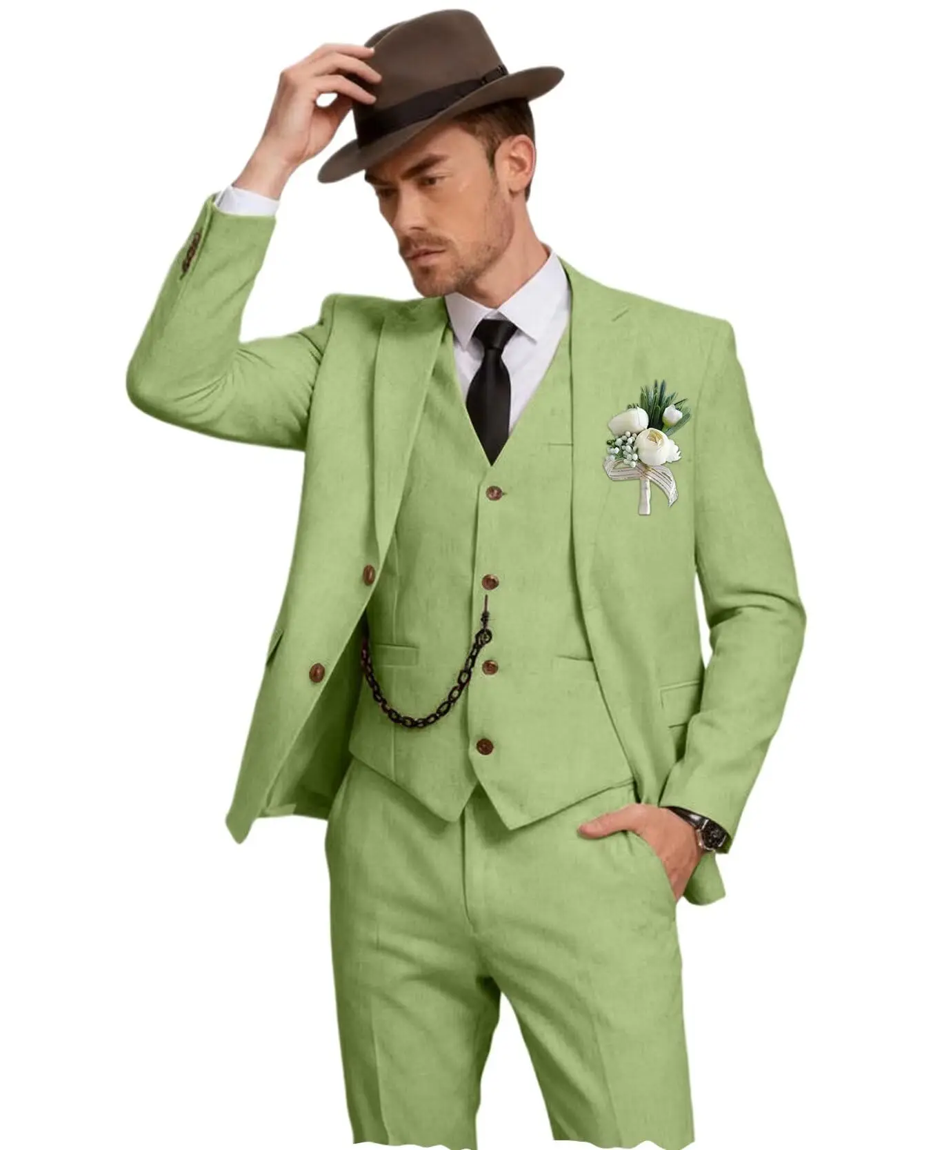 Herren Leinenanzug 3-Teilig, Slim Fit: Sakko, Weste Und Hose Herren Leinenanzug 3-Teilig, Slim Fit: Sakko, Weste Und Hose - Image 8