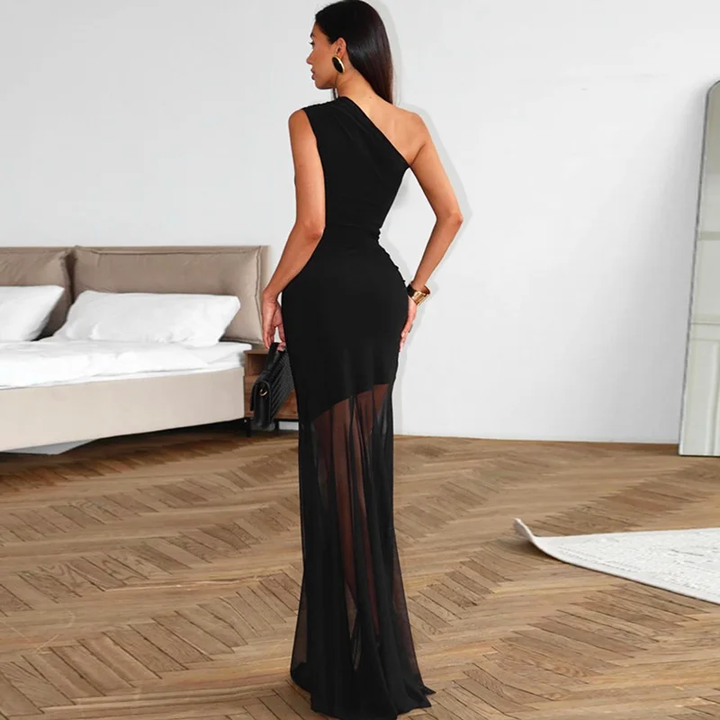 Ticketsx Schulterfreies, durchsichtiges Kleid, solide, hohe Taille, Patchwork, rückenfrei, schlankes langes Kleid, Damen, Urlaub, Party, Abendkleider – Bild 3