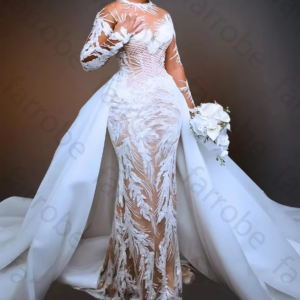 Customized Illusion Mermaid Ivory O-Neck Wedding Dresses Elegant Lace Celebrity Dress Exquisite High Quality Prom Party Gowns