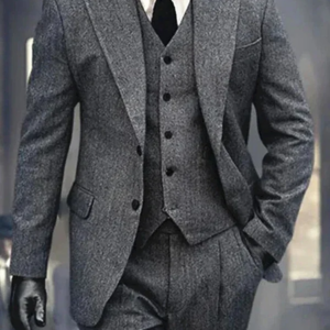 3 Pieces Men's Grey Herringbone Suits Formal Slim Fit Peak Lapel Tweed Prom Tuxedos For Wedding Groomsmen (Blazer+Vest+Pants)