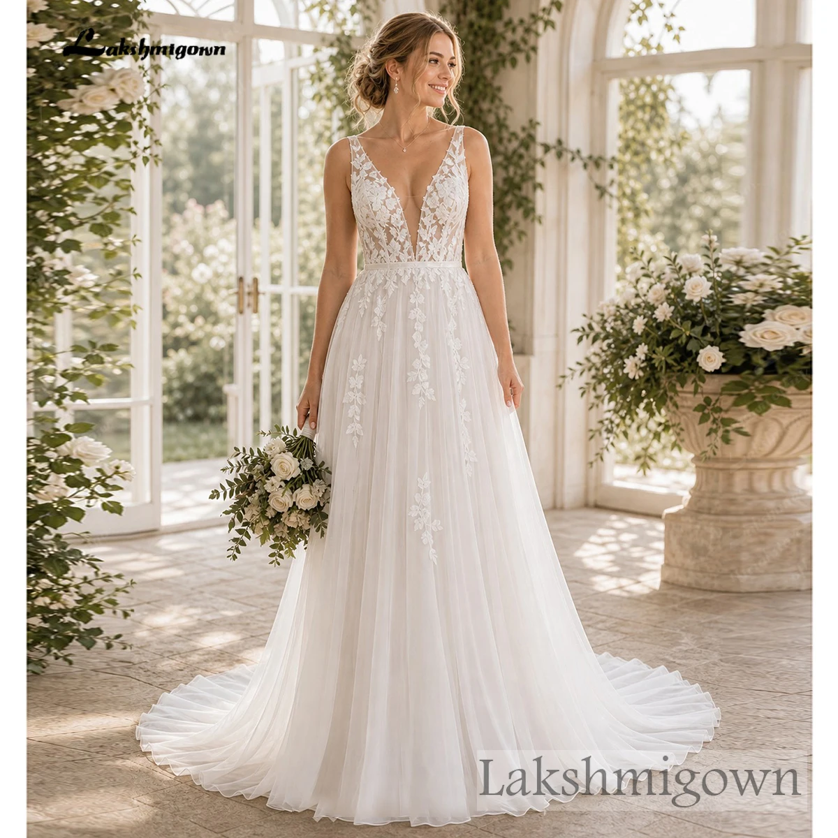 Lakshmigown Sexy Boho Country Tulle Illusion Wedding Dress Deep V‑Neck Sleeveless Lace Appliques Tulle Bridal Gown Customized Lakshmigown Sexy Boho Country Tulle Illusion Wedding Dress Deep V‑Neck Sleeveless Lace Appliques Tulle Bridal Gown Customized