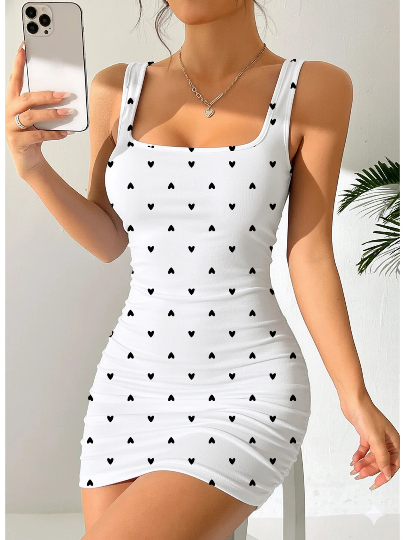 Women'S Summer Casual Waist Cinched Square Collar Shoulder Strap Heart-Shaped Printed Sleeveless Dress, Mid Length Skirt Women'S Summer Casual Waist Cinched Square Collar Shoulder Strap Heart-Shaped Printed Sleeveless Dress, Mid Length Skirt - Image 2
