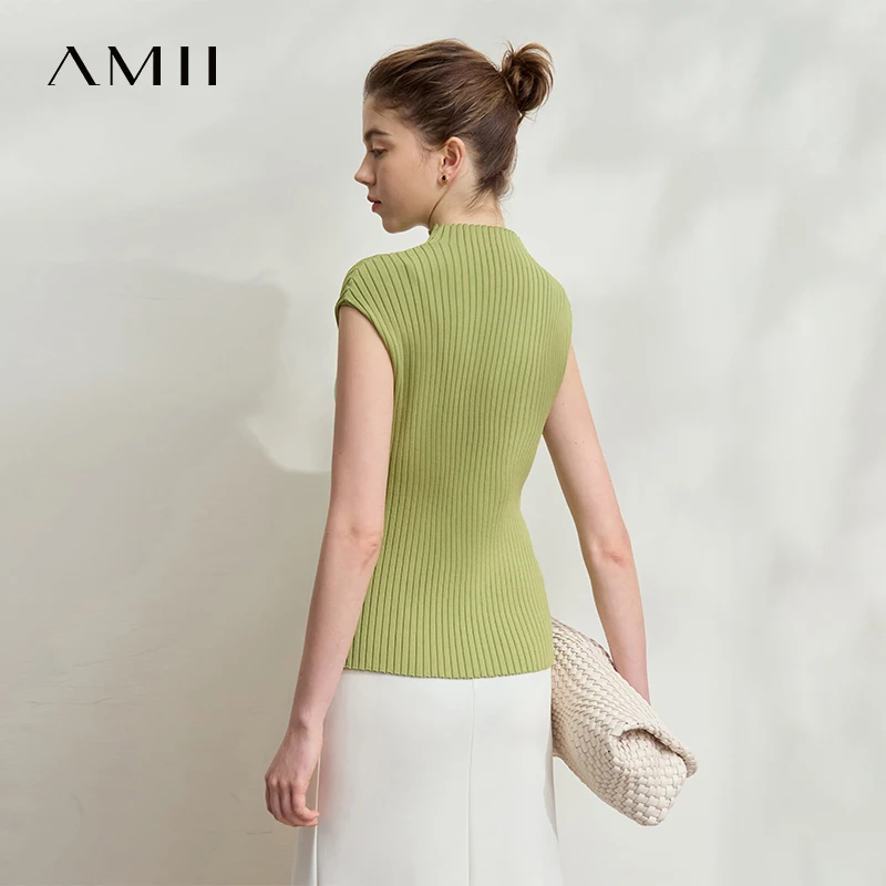 Amii Minimalistische farblich passende Damen-Strickpullover 2025, Herbst, neuer ärmelloser Pullover, halb-Rollkragenpullover, schmales Oberteil 12542001 – Bild 5