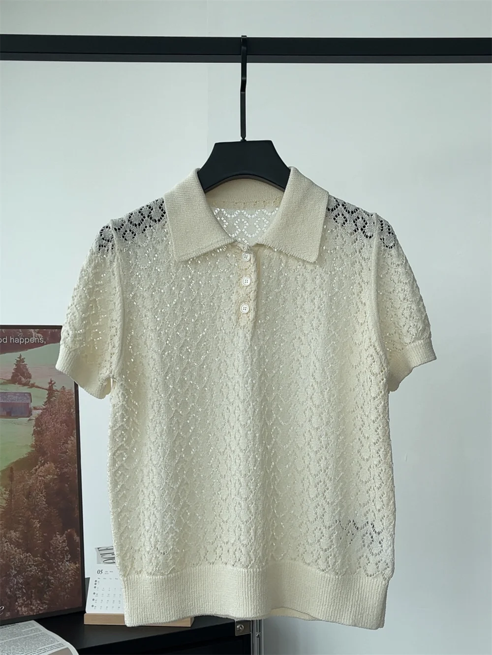 Women'S Summer 2026 Arrival Polo Collar Short Sleeve T-Shirt Hollow-Out Commuters Versatile Knit Top Women'S Summer 2026 Arrival Polo Collar Short Sleeve T-Shirt Hollow-Out Commuters Versatile Knit Top - Image 2