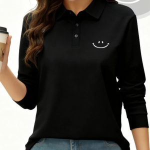 A Big Smiling Face Printing Polo Shirt Womens Sporty Long Sleeves Tops Spring Summer Breathable T-Shirts Casual Womans Clothes