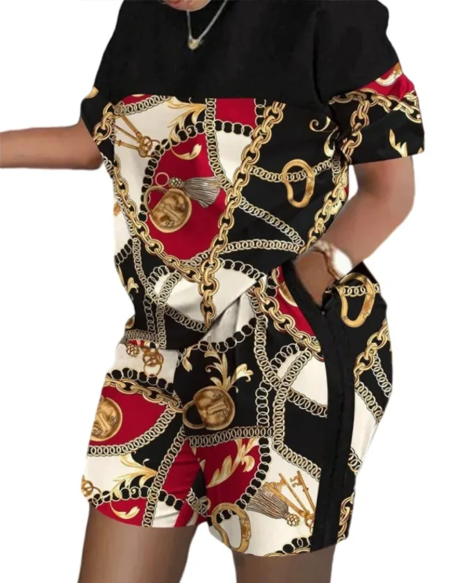 Frauen Drucken Zwei Stück Shorts Sets Passenden Sets Kurzarm T Shirts Taschen Elastische Taille Hosen Y2K Tops Anzüge Sommer 2025 Frauen Drucken Zwei Stück Shorts Sets Passenden Sets Kurzarm T Shirts Taschen Elastische Taille Hosen Y2K Tops Anzüge Sommer 2025 - Image 2