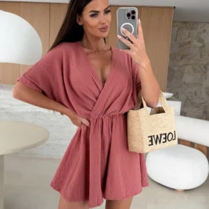 V Neck Short Sleeve Wrap Romper Textured Flowy Playsuit Elastic Waist Summer Jumpsuit