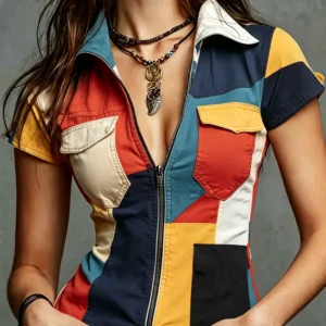 Ladies Short Sleeve Faux Denim Shirt Stand Collar Front Zipper Design Color Block Print Textureless Summer Vitality Style