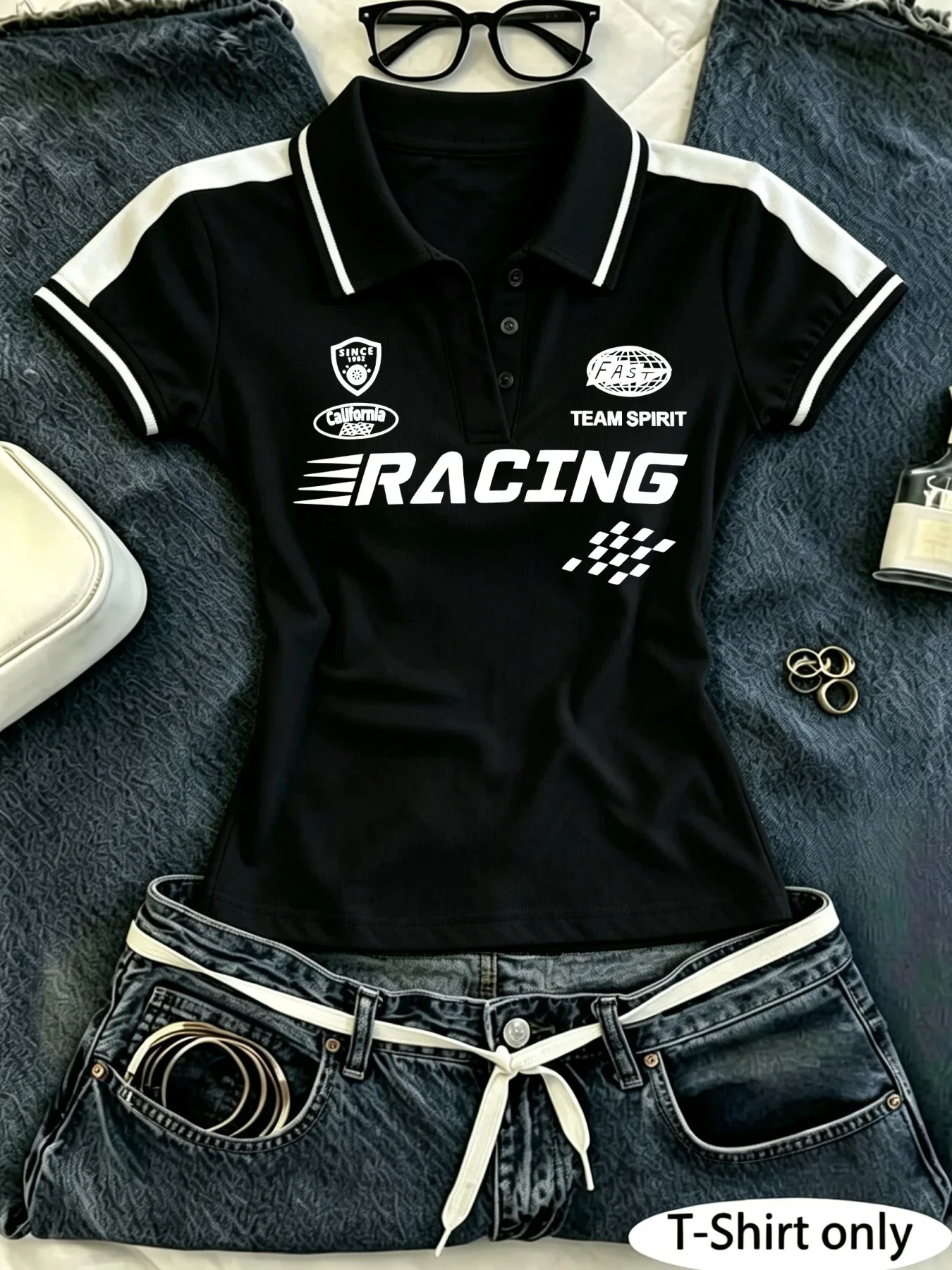 Women Y2K Chicago Graphic Polo Shirt, Short Sleeve Collared Slim Fit Crop Top Retro Racing Print Tees For Streetwear Women Y2K Chicago Graphic Polo Shirt, Short Sleeve Collared Slim Fit Crop Top Retro Racing Print Tees For Streetwear - Image 6