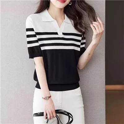 Damen Polo-Kragen T-Shirt Sommer Neu 100% Baumwolle Gestricktes Kurzarm-Freizeithemd Gestreiftes Damen-Pullover Mit Kragen Locker Geschnittenes Oberteil Damen Polo-Kragen T-Shirt Sommer Neu 100% Baumwolle Gestricktes Kurzarm-Freizeithemd Gestreiftes Damen-Pullover Mit Kragen Locker Geschnittenes Oberteil - Image 7