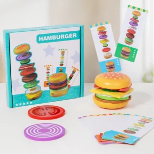 Montessori Holz-Hamburger Rollenspielzeug, Pädagogisches Simulations-Lebensmittel-Zuordnungsspiel mit Karten für Kinder ab 2 Jahren, Geschenk