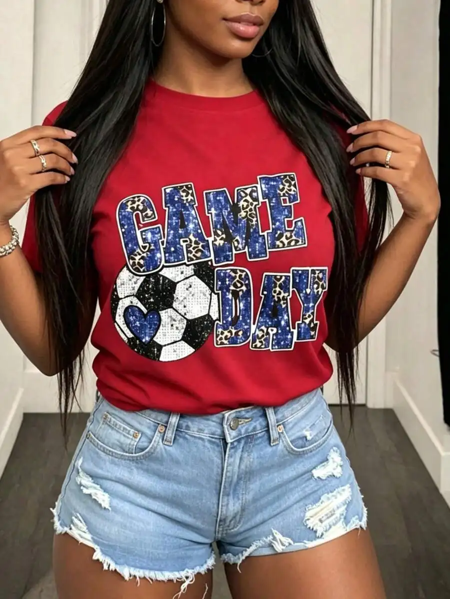 Sports‑Vibe Women Short‑Sleeve T‑Shirt Crew Neck Game Day Soccer Fan Heart Pattern Print Team Support Daily Wear Tops Sports‑Vibe Women Short‑Sleeve T‑Shirt Crew Neck Game Day Soccer Fan Heart Pattern Print Team Support Daily Wear Tops - Image 5
