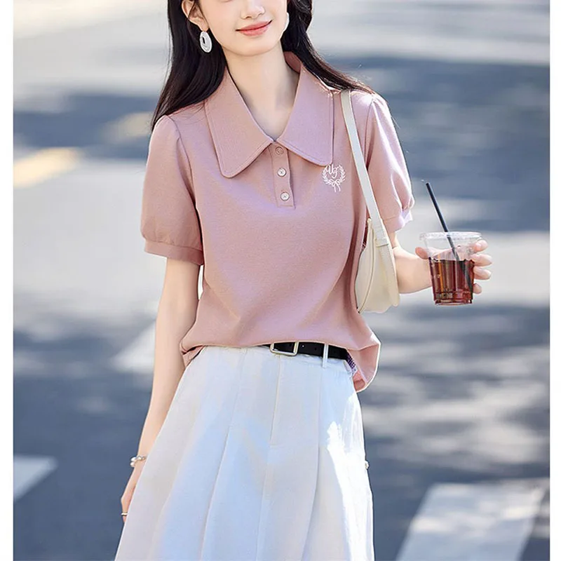 Modische Polohemden Mit Revers Und Stickerei, Puffärmel, Damenbekleidung, Sommer, Neu, Locker, Kurzarm, Freizeit-Tops, Koreanische T-Shirts Modische Polohemden Mit Revers Und Stickerei, Puffärmel, Damenbekleidung, Sommer, Neu, Locker, Kurzarm, Freizeit-Tops, Koreanische T-Shirts - Image 5