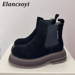 Chelsea-Stiefel für Damen aus Wildleder mit Rundem Zeh, Schnürung, Perlen und Plateau-Sohle, Herbst-Winter-Knöchelstiefel mit Dicker Sohle im Britischen Stil
