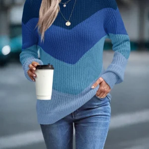 Blauer Chevron-Farbblock-Pullover für Damen mit Rundhalsausschnitt und langen Ärmeln, lockerer Strickpullover
