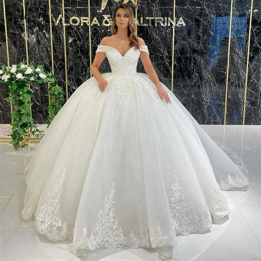 Customized Elegant Off The Shoulder Wedding Dress For Women Lace Applique Glitter Tulle Bridal Gown V Neck A-Line Robe De Mariée Customized Elegant Off The Shoulder Wedding Dress For Women Lace Applique Glitter Tulle Bridal Gown V Neck A-Line Robe De Mariée - Image 3