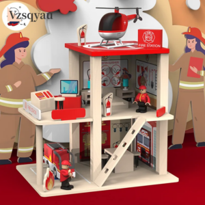 Holz Polizei Büro Feuerwache Jungen DIY Rolle Spielen Auto Feuerwehrauto Bau Bausteine Zusammengebautes Haus Kinder Spielzeug