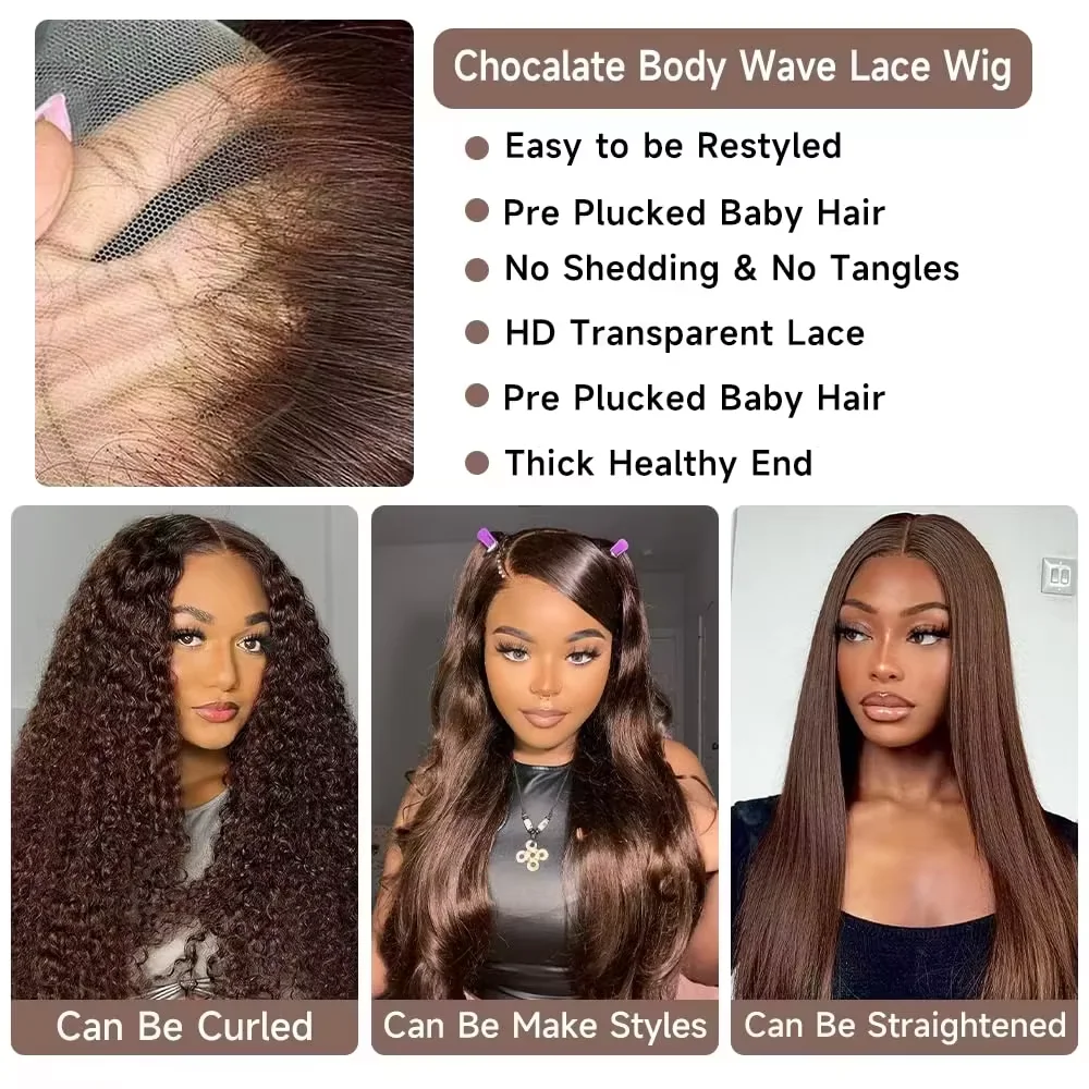 13X6 Schokoladenbraun Hd Lace Front Echthaarperücken Körperwelle Echthaarperücke 46 Zoll 200 Dichte Farbige Echthaarperücken Für Frauen 13X6 Schokoladenbraun Hd Lace Front Echthaarperücken Körperwelle Echthaarperücke 46 Zoll 200 Dichte Farbige Echthaarperücken Für Frauen - Image 4