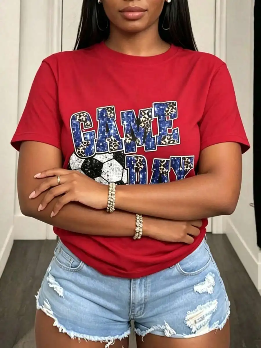 Sports‑Vibe Women Short‑Sleeve T‑Shirt Crew Neck Game Day Soccer Fan Heart Pattern Print Team Support Daily Wear Tops Sports‑Vibe Women Short‑Sleeve T‑Shirt Crew Neck Game Day Soccer Fan Heart Pattern Print Team Support Daily Wear Tops - Image 2