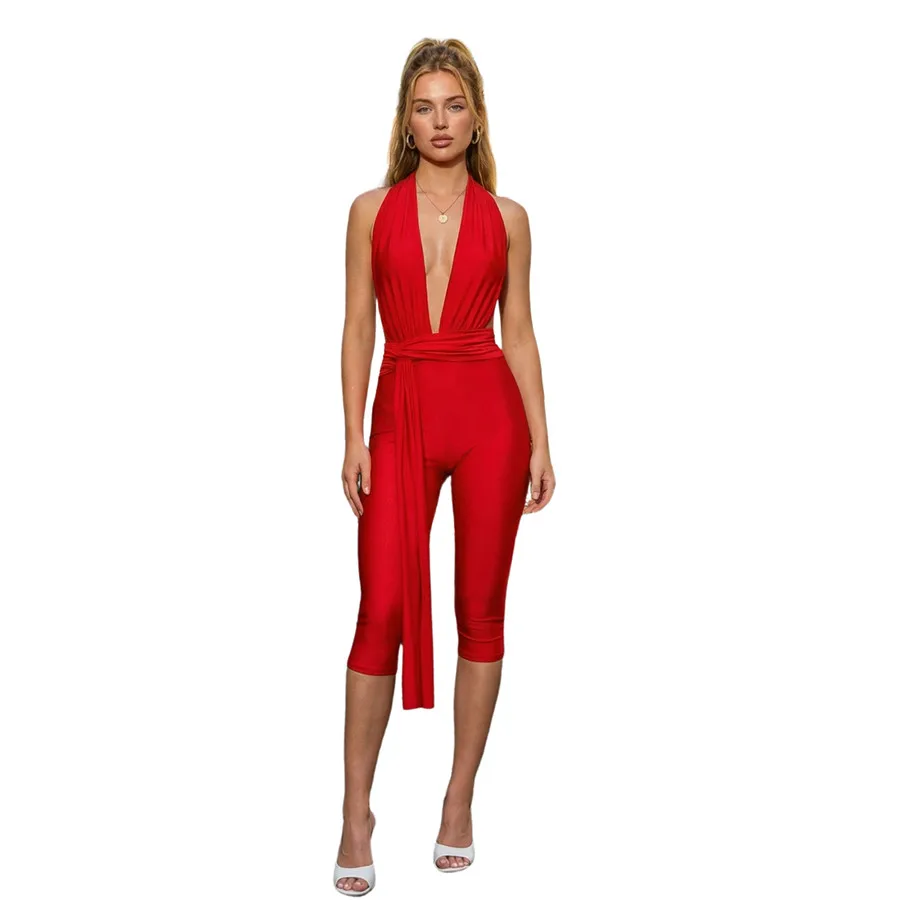 Damen Dessous Bodycon Jumpsuit Einfarbig Ärmellos Tiefer V-Ausschnitt Neckholder Langer Einteiler Rückenfreier Bodycon Schlafanzug Playsuit Damen Dessous Bodycon Jumpsuit Einfarbig Ärmellos Tiefer V-Ausschnitt Neckholder Langer Einteiler Rückenfreier Bodycon Schlafanzug Playsuit - Image 4