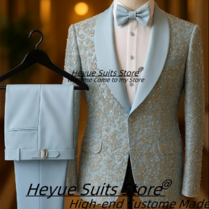 Herren Hochzeitsanzug 2-teilig hellblau mit Diamant-Stickerei und Schalkragen, Slim Fit
