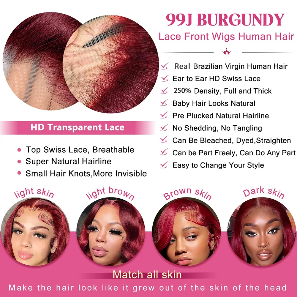 250% 13X4 Hd Transparent 99J Burgundy Loose Wave Lace Front Wigs Deep Wave Frontal Wig Colored 99J Burgundy Deep Curly Lace Front Human Hair Wigs Preplucked For Women 250% 13X4 Hd Transparent 99J Burgundy Loose Wave Lace Front Wigs Deep Wave Frontal Wig Colored 99J Burgundy Deep Curly Lace Front Human Hair Wigs Preplucked For Women - Image 3