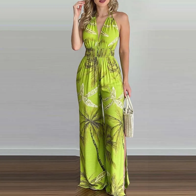 Neue Sommer Ärmellose Neckholder-Jumpsuits Für Damen Rückenfreier Bedruckter Schnür-Jumpsuit Mit Weitem Bein Damen-Jumpsuit Q3706 Neue Sommer Ärmellose Neckholder-Jumpsuits Für Damen Rückenfreier Bedruckter Schnür-Jumpsuit Mit Weitem Bein Damen-Jumpsuit Q3706 - Image 4