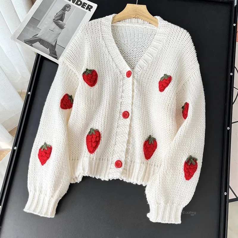 Süße Erdbeere, langärmelig, lose Strickjacken für Damen, Frühling und Herbst 2026, V-Ausschnitt, einreihig, Preppy-Stil, gestrickte Tops – Bild 2