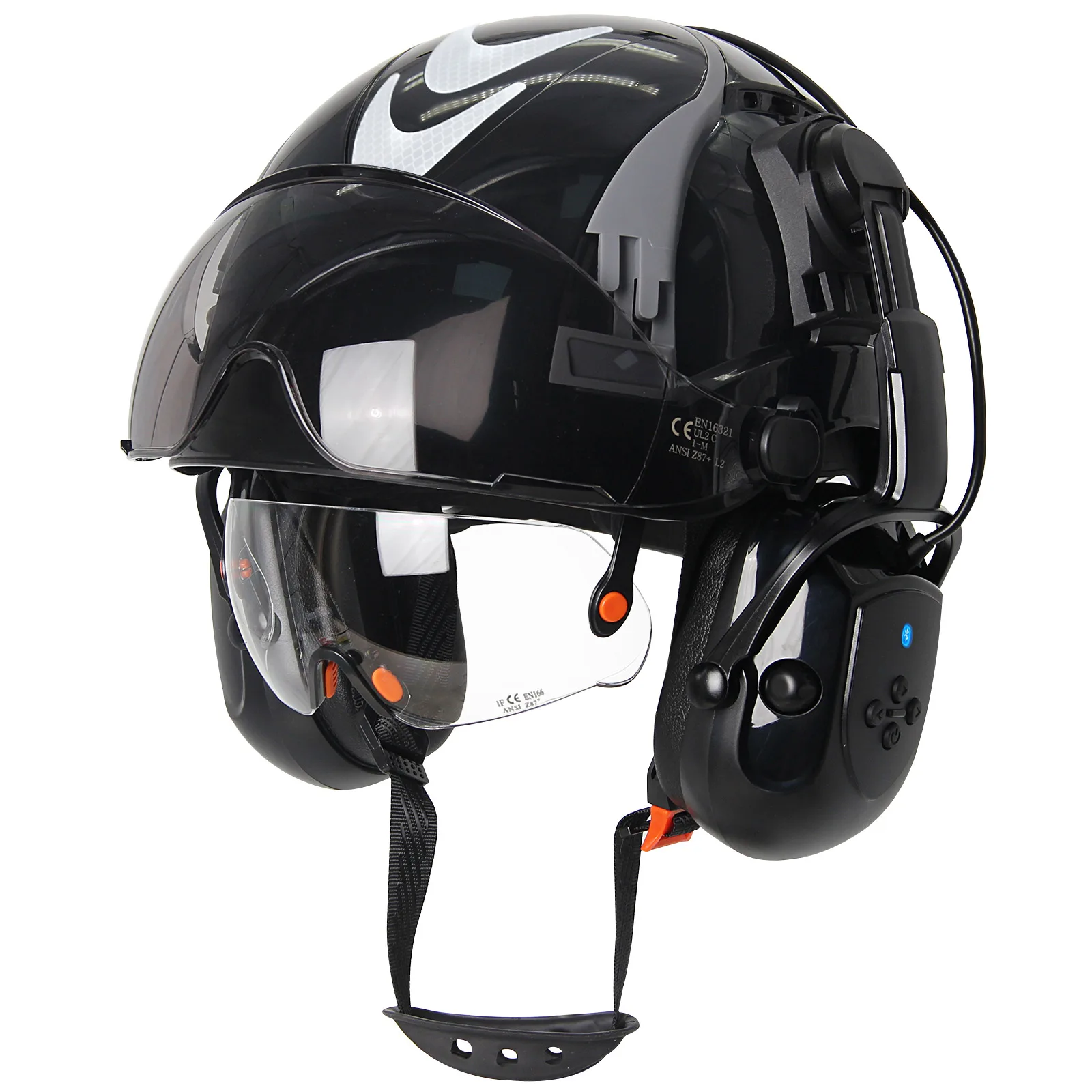 Bau-Schutzhelme mit Bluetooth-Ohrenschützern, integrierte Schutzbrille, Visier, reflektierende Aufkleber, industrieller Schutzhelm, ABS-Arbeitskappe, CE