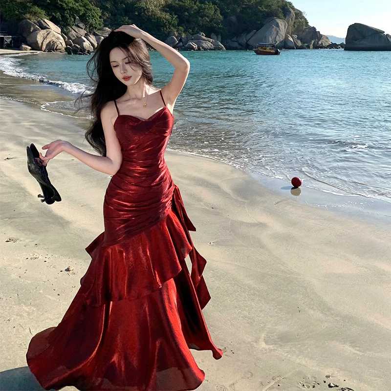 Langes Abendkleid Mit Spaghettiträgern Und Rüschen, Ärmellos Langes Abendkleid Mit Spaghettiträgern Und Rüschen, Ärmellos – Bild 7