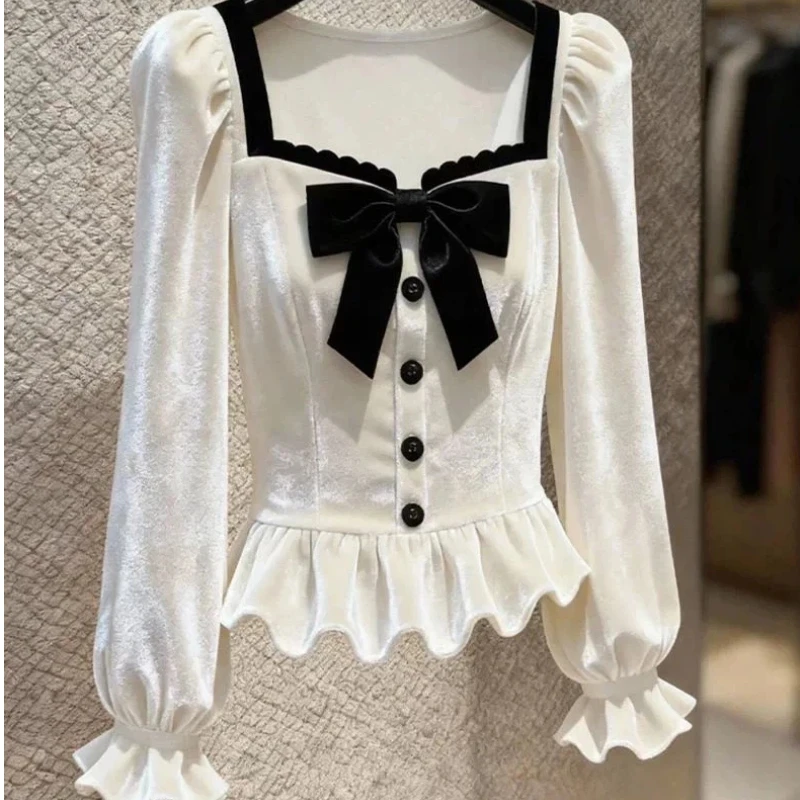 Temperament Bow Contrast Patchwork Long Sleeve Tops Tees Autumn Winter New Button Elegant T Shirts Fashion Korean Women Clothing Temperament Bow Contrast Patchwork Long Sleeve Tops Tees Autumn Winter New Button Elegant T Shirts Fashion Korean Women Clothing - Image 4