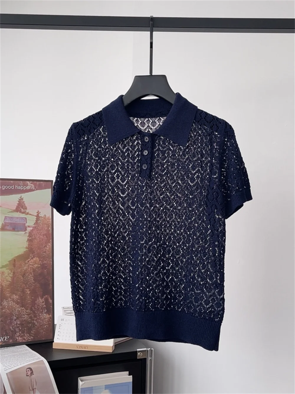 Women'S Summer 2026 Arrival Polo Collar Short Sleeve T-Shirt Hollow-Out Commuters Versatile Knit Top Women'S Summer 2026 Arrival Polo Collar Short Sleeve T-Shirt Hollow-Out Commuters Versatile Knit Top - Image 3
