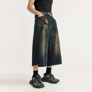 Vintage Y2k Baggy Denim Shorts Wide Leg Pants For Women&Men Fashion High Waisted Wash Knee Length Jeans Shorts Oversize Pants