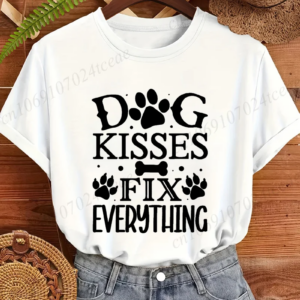 Dog Lover T Shirt Funny Quote "Dog Kisses Fix Everything" Pet Paw Print Graphic Tee White Short Sleeve Crew Neck Casual Tops