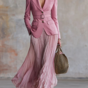 Women Two Piece Outfit Notched Lapel Long Sleeve Blazer With Matching Belt High Waist Pleated Maxi Skirt Formal Elegant Business Party Daily‑Wear Suit For Ladies