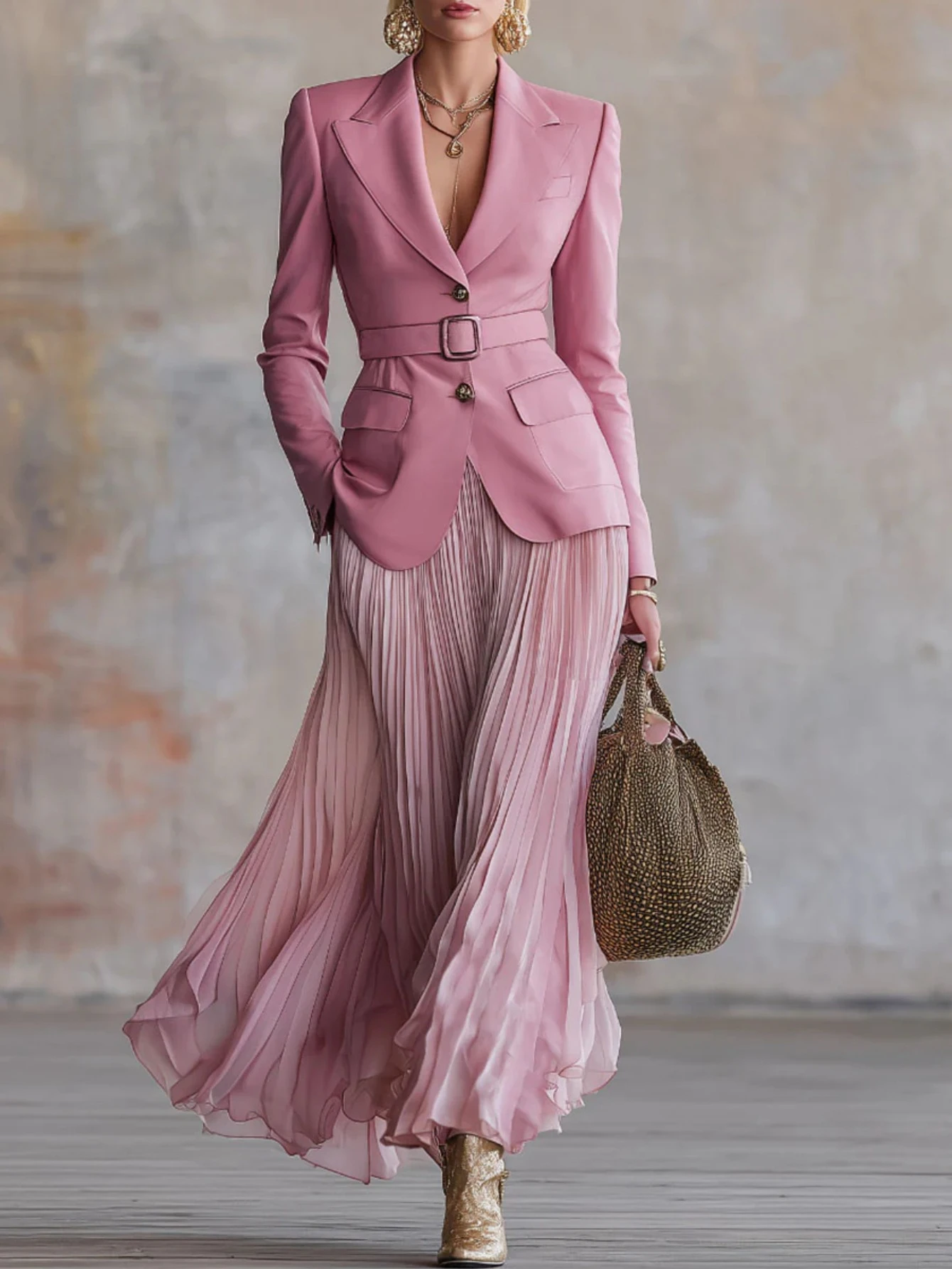 Women Two Piece Outfit Notched Lapel Long Sleeve Blazer With Matching Belt High Waist Pleated Maxi Skirt Formal Elegant Business Party Daily‑Wear Suit For Ladies Women Two Piece Outfit Notched Lapel Long Sleeve Blazer With Matching Belt High Waist Pleated Maxi Skirt Formal Elegant Business Party Daily‑Wear Suit For Ladies